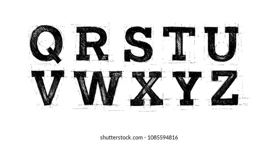 Sketched ABC set. Font pencil vintage hand drawn alphabet drawing in black color isolated on white background.  