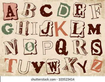 sketched alphabet set, based on newspaper clippings,vector