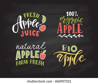 Sketched apple lettering typography. Farmers market, organic food, natural product design, juice, pie, jam concept. Fruit design style. Calligraphy badge, icon set. Logo, banner, tag, template.