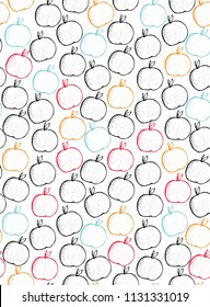 Sketched Apples Print. Simple Hand Drawn Apples Seamless Vector Pattern. Black, Red, Orange and Blue Apples isolated on a White Background. Abstract Sketch Design. 