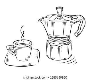 Sketched art of coffee cup with coffee maker. Vector illustration isolated on white background. Can be used as print on textile, banner, card, package.