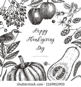 Sketched autumn card design. Vintage botanical frame with autumn leaves, pumpkins, fruit, berries, and bird drawings. Fall plants invitation or banner vector template. Thanksgiving day illustration