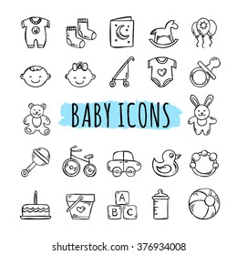 Sketched baby icons vector set. Hand drawn kids symbols: toys, food, clothes