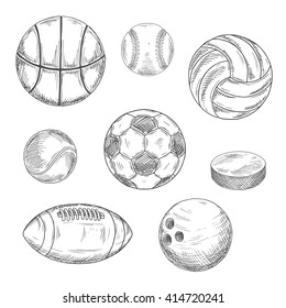 Sketched balls for soccer or football, baseball, basketball, american football, volleyball, tennis, bowling and puck for ice hockey. Sporting items isolated icons