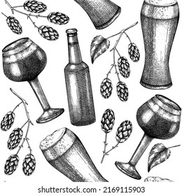 Sketched beer background in vintage style. Vector seamless pattern with hop, beer glasses and bottle for pub, bar. Black and white backdrop for bar or restaurant menu design, packaging, textile.