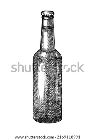 Sketched beer bottle illustration. Vector sketch of the popular alcoholic drink in a glass bottle isolated on white background. Vintage drawing of beer for pub, bar, or restaurant menu design.
