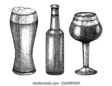 Conjunto de ilustraciones de cerveza esbozadas. Esbozos vectoriales de la bebida alcohólica popular aislada de fondo blanco. Dibujo vintage de lentes de cerveza y botella para diseño de pub, bar o restaurante.