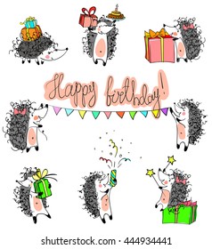 sketched birthday vintage card with cute cartoon hedgehogs holding cakes and presents.  Hand drawn Vector illustration