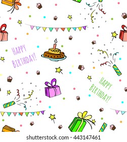 sketched birthday vintage seamless patterns with cute cartoon cakes and presents.  Hand drawn Vector illustration