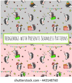 sketched birthday vintage seamless patterns with cute cartoon hedgehogs holding cakes and presents on pink and grey backgrounds.  Hand drawn Vector illustration