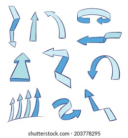 Sketched blue arrows set isolated on white background, vector illustration 