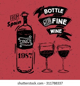 Sketched bottle of red or white wine with a large hand-drawn ribbon and glass of wine
