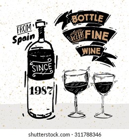 Sketched bottle of red or white wine with a large hand-drawn ribbon and glass of wine
