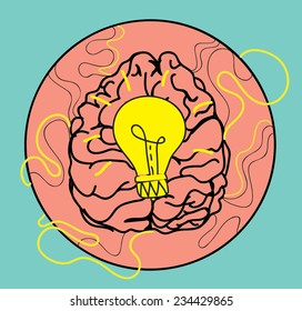 Sketched brain and a Light bulb. The concept of idea invention.