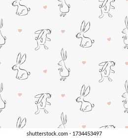 Sketched bunny seamless pattern vector background. Monochrome colored rabbits for textile print.