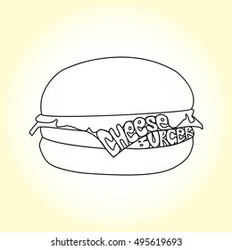 Sketched burger with lettering names of products. Cheeseburger with text