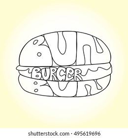 Sketched burger with lettering names of products. Hamburger with text BUN and BURGER