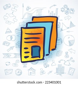 Sketched business background with the orange documents - vector illustration