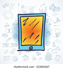 Sketched business background with the orange tablet - vector illustration