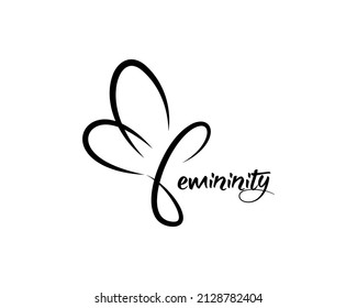 plantilla de logotipo vectorial de mariposa esbozada, concepto de letras dibujadas a mano por feminidad. Texto de tipografía para camisetas, afiches, arte en la pared, ilustración de la línea negra aislada en fondo blanco 