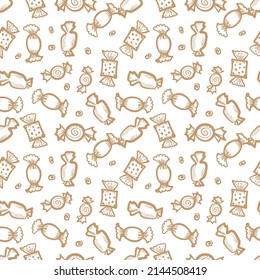 Sketched candy seamless pattern. Engraved doodle sweets print, sketchy candies endless background. Hand drawn tile, repetitive wallpaper for fabric, wrapping endless design