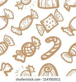 Sketched candy seamless pattern. Engraved doodle sweets print, sketchy candies endless background. Hand drawn tile, repetitive wallpaper for fabric, wrapping endless design