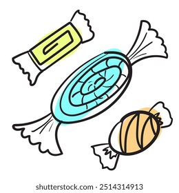 Conjuntos de doces esboçados isolados. Coleção de elementos de design de doces de doodle gravada com chocolate em invólucro, esboço de caramelo, pirulito, toffee, doces de esboço. Imitação de vetor desenhada à mão