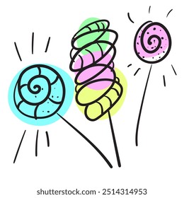 Sketched candy set isolated. Engraved doodle sweets design elements collection with chocolate in wrapper, caramel sketch, lollipop, toffee, sketchy candies. Hand drawn vector imitation