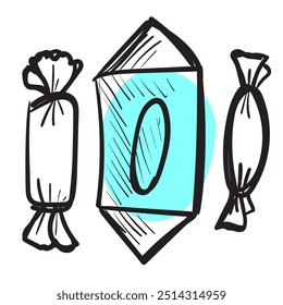 Sketched candy set isolated. Engraved doodle sweets design elements collection with chocolate in wrapper, caramel sketch, lollipop, toffee, sketchy candies. Hand drawn vector imitation
