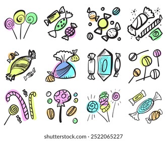 Sketched candy set isolated. Engraved doodle sweets design elements collection with chocolate in wrapper, caramel sketch, lollipop, toffee, sketchy candies. Hand drawn vector imitation