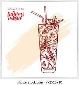Sketched card with tasty fresh cocktail with limes, mint and cucumber. Hand drawn illustration with hand lettering headline.