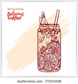 Sketched card with tasty fresh cocktail with limes, mint and berries. Hand drawn illustration with hand lettering headline.