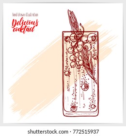 Sketched card with tasty fresh cocktail with berries and rosemary. Hand drawn illustration with hand lettering headline.