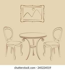 Sketched chairs, table and picture frame. Cafe interior. Harmonic colors. Background can be easily removed. Design template for label, banner, postcard. Vector.