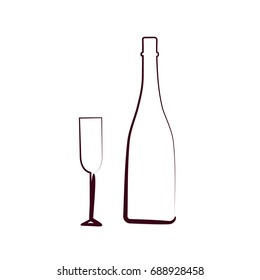 Sketched champagne bottle and glass isolated on white background. Design template for label, banner, postcard or logo.