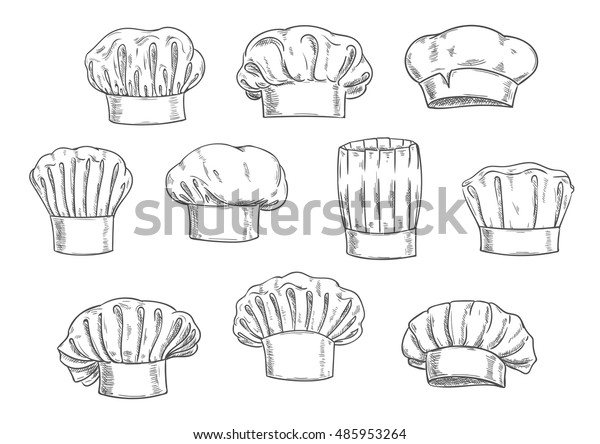 Sketched\
chef hat, cook cap and toque. Kitchen staff uniform, professional\
headwear for restaurant, cafe and menu\
design