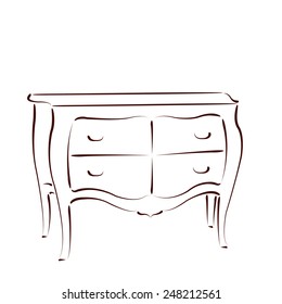 Sketched chest of drawers isolated on white background. Design template for label, banner, postcard. Chest of drawers vector illustration.