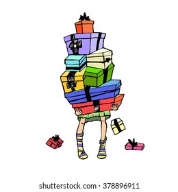 Sketched child hand holding many gift boxes. Drawn frame white isolated. Vector stock illustration.