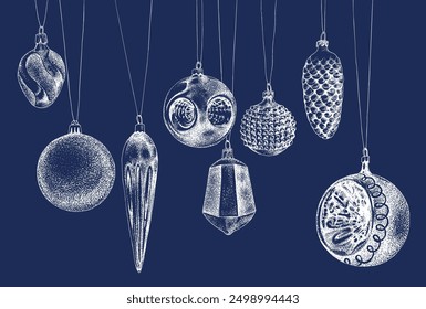 Sketched Christmas balls set on dark background