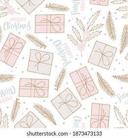 Sketched Christmas elements Seamless pattern. Gift boxes, text, evergreen branches. Holiday pattern. Hand drawn design for wallpaper, wrapping, print, manufacturing. Winter repeated background