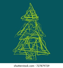 Sketched Christmas tree light green on dark green background