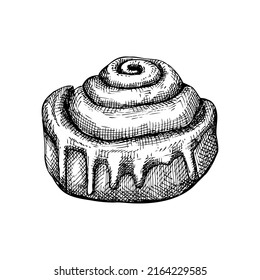 Sketched cinnamon roll illustration. Vector sketch of traditional baked product. Cinnamon bun with cream, sugar, and cinnamon drawing. Bakery goods sketch in vintage style. Sweet food illustration