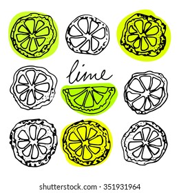 Sketched citrus fruits, lime slice, calligraphy citrus.