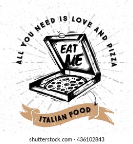 Sketched Classic Pizza in the delivery box - Italian food. Pizza on White Background
