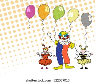 Sketched Clowm and Children with Ballons, hand-drawn vector sketch, Artwork