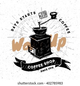 Sketched Coffee Mill vintage style. White background