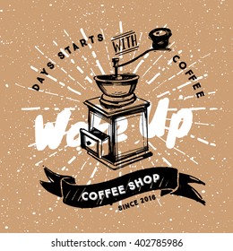 Sketched Coffee Mill vintage style. Paper background