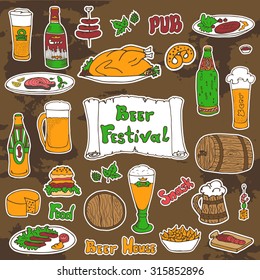 Sketched colored beer and snacks set, vector hand-drawn illustration. Beer festival, Oktoberfest signs and text. Removable background texture.