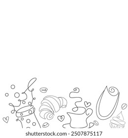  Sketched composition with different kinds of bakery line art desing. Vector illustration for bakery shops isolated on blackboard. Fresh bread poster concept
