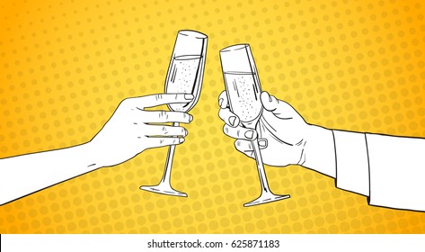 Sketched Couple Hands Clinking Glass Of Champagne Wine Toasting Pop Art Retro Pin Up Background Vector Illustration